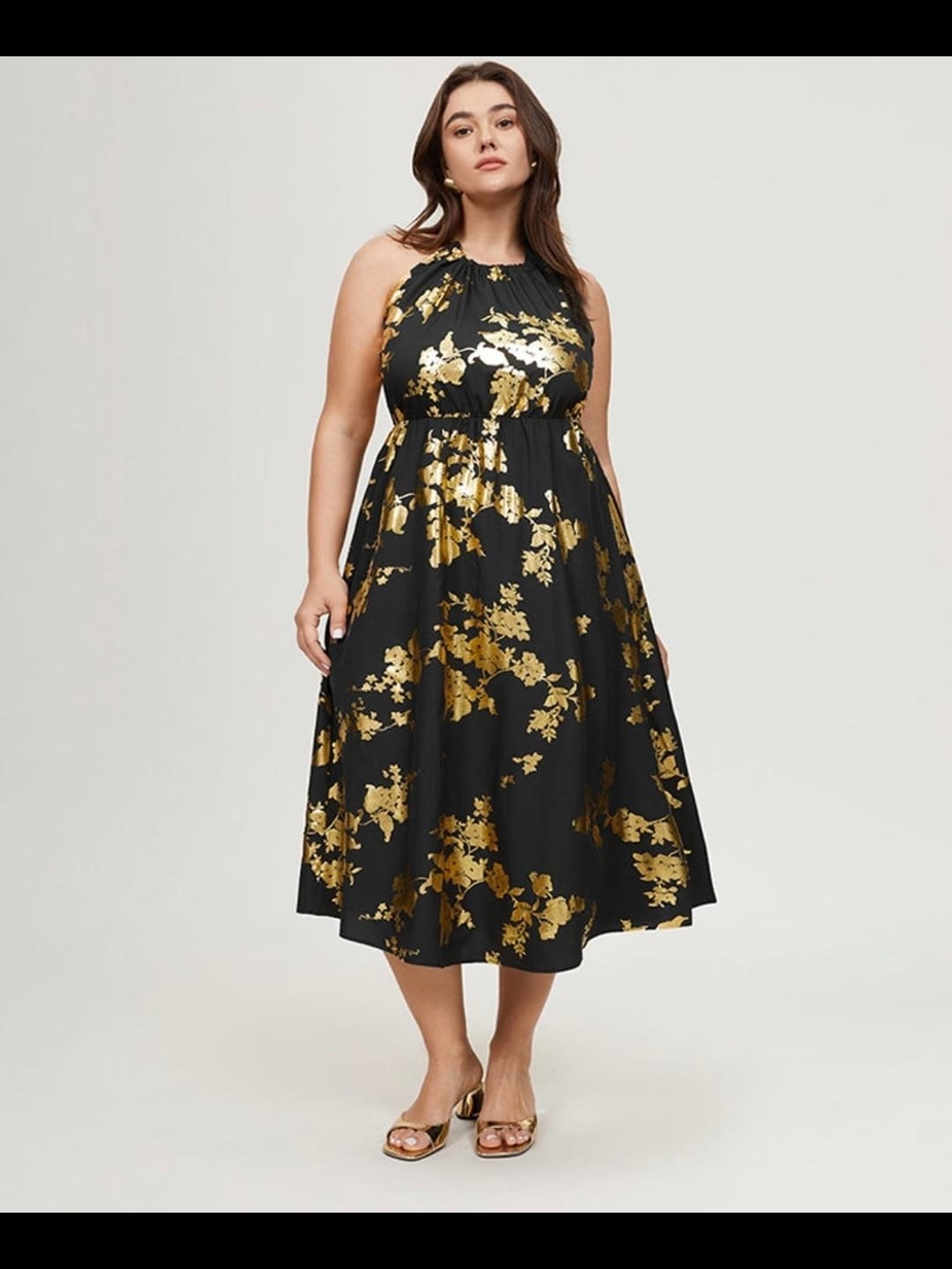 BloomChic Halter Neck Black Dress with Gold Floral Foil - Sz 10
